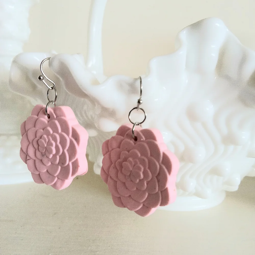 Pink Succulent Dangle Earrings - Picture 2 of 4